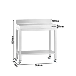 Stół roboczy ze stali nierdzewnej PREMIUM – 700 x 700 mm – z półką dolną, nadstawką i kółkami