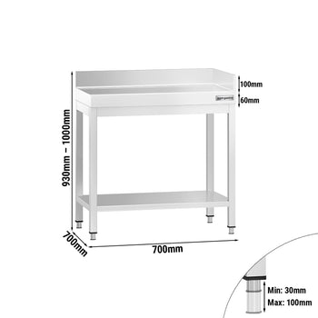 Stół roboczy ze stali nierdzewnej PREMIUM - 700x700 mm - z półką dolną i panelem tylnym z tyłu + z prawej strony - Prime Gastro