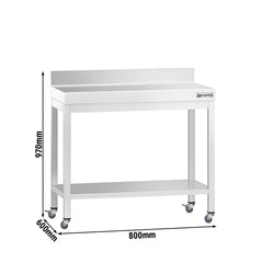 Stół roboczy ze stali nierdzewnej PREMIUM – 800 x 600 mm – z półką dolną, nadstawką i kółkami