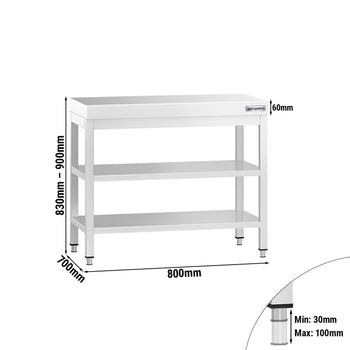 Stół roboczy ze stali nierdzewnej PREMIUM - 800x700 mm - z półką dolną i półką pośrednią - Prime Gastro