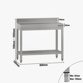 Stół roboczy ze stali nierdzewnej ECO - 800x700 mm - z półką dolną i panelem tylnym - Prime Gastro