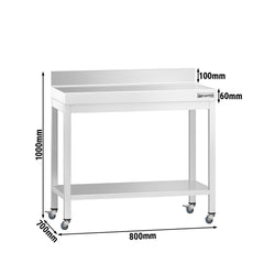 Stół roboczy ze stali nierdzewnej PREMIUM – 800 x 700 mm – z półką dolną, nadstawką i kółkami