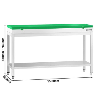 Stół roboczy ze stali nierdzewnej PREMIUM – 1500 x 600 mm – z podstawą – w zestawie z zieloną deską do krojenia