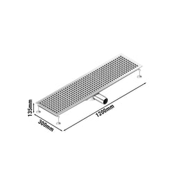 Kanał podłogowy ze stali nierdzewnej – 1200 x 300 mm – płaska konstrukcja i odpływ boczny – Ø 70 mm