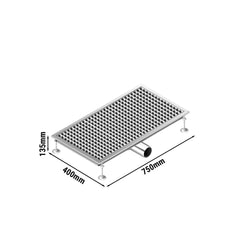 Kanał podłogowy ze stali nierdzewnej – 750 x 400 mm – płaska konstrukcja i odpływ boczny – Ø 70 mm