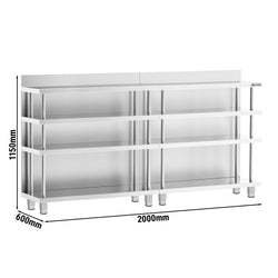Barowy stół roboczy – stal nierdzewna – 2000 x 600 mm – z 4 półkami