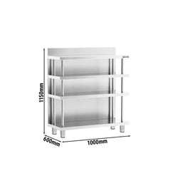 Barowy stół roboczy – stal nierdzewna – 1000 x 600 mm – z 4 półkami