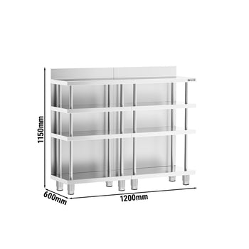 Barowy stół roboczy – stal nierdzewna – 1200 x 600 mm – z 4 półkami