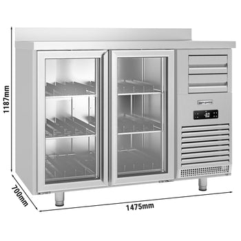 Barowy stół chłodniczy Premium PLUS - SUPERCOOLER - 1475 x 700 mm - z 2 szklanymi drzwiami i podwyższeniem - stal nierdzewna - Prime Gastro
