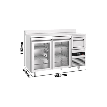 Stół chłodniczy barowy do napojów PREMIUM - 1580 x 600 mm - z 2 szklanymi drzwiami, panelem tylnym & kołatką do kawy - Prime Gastro