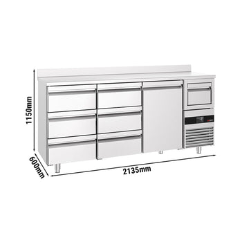 Stół chłodniczy barowy do napojów PREMIUM - 2130x600 mm - z 1 drzwiami, 6 szufladami, panelem tylnym & kołatką do kawy - Prime Gastro