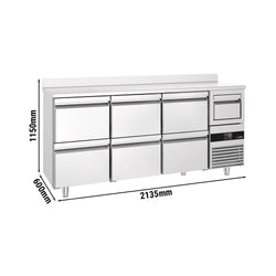 Stół barowy chłodniczy PREMIUM - 2135x600x1150mm - 570L - z 1 komorą z 6 szufladami 1/2, blat z rantem, wybijak do fusów kawowych, termostat cyfrowy, automatyczne odszranianie, nóżki regulowane