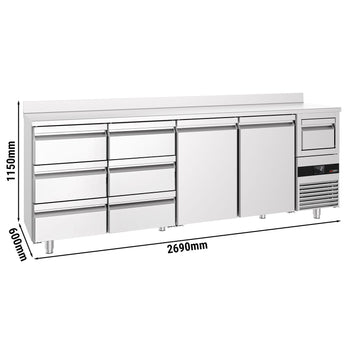 Stół chłodniczy barowy do napojów PREMIUM - 2690x600 mm - z 2 drzwiami, 6 szufladami, panelem tylnym & kołatką do kawy - Prime Gastro
