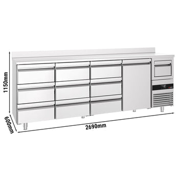 Stół chłodniczy barowy do napojów PREMIUM - 2690x600 mm - z 1 drzwiami, 9 szufladami, panelem tylnym & kołatką do kawy - Prime Gastro