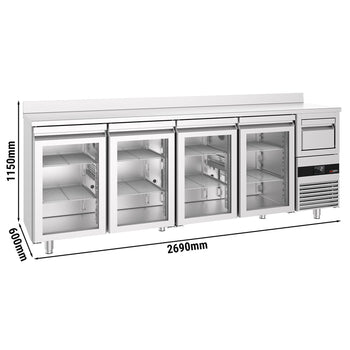 Stół chłodniczy barowy do napojów PREMIUM - 2690 x 600 mm - z 4 szklanymi drzwiami, panelem tylnym & kołatką do kawy - Prime Gastro