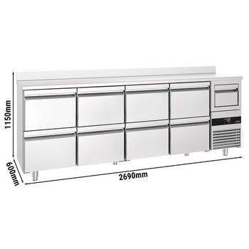 Stół chłodniczy barowy do napojów Premium- 2690 x 600 mm - z 8 szufladami 1/2, panelem tylnym i kołatką do kawy - Prime Gastro
