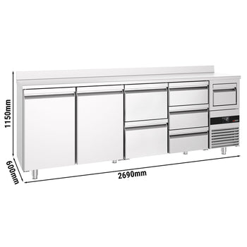 Stół chłodniczy barowy do napojów PREMIUM - 2690x600 mm - z 2 drzwiami, 5 szufladami, panelem tylnym & kołatką do kawy - Prime Gastro