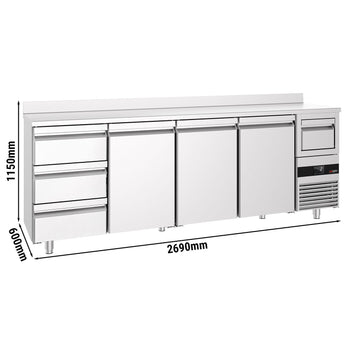 Stół chłodniczy barowy do napojów PREMIUM - 2690x600 mm - z 3 drzwiami, 3 szufladami, panelem tylnym & kołatką do kawy - Prime Gastro