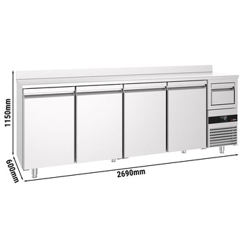 Stół chłodniczy barowy do napojów PREMIUM - 2690 x 600 mm - z 4 drzwiami, panelem tylnym i kołatką do kawy - Prime Gastro