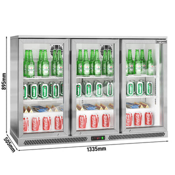 Chłodziarka barowa - 1330 mm - 320 litrów - z 3 szklanymi drzwiami na zawiasach - stal nierdzewna - Prime Gastro