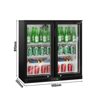 Chłodziarka barowa - 900 mm - 220 litrów - z 2 szklanymi drzwiami na zawiasach - czarna