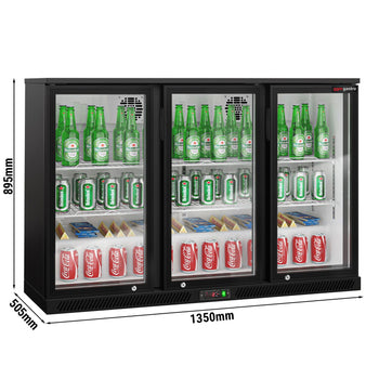 Chłodziarka barowa - 1330 mm - 320 litrów - z 3 szklanymi drzwiami na zawiasach - czarna - Prime Gastro
