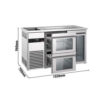 Barowy stół chłodniczy PREMIUM - 1550x700 mm - 1 szklane drzwi & 2 szklane szuflady - Prime Gastro