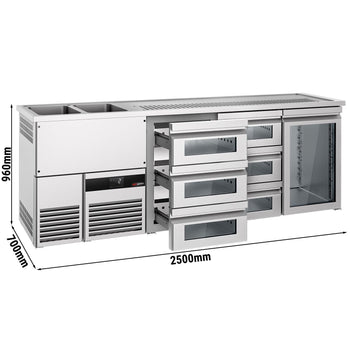 Barowy stół chłodniczy PREMIUM - 2500x700mm - 1 szklane drzwi & 6 szklanych szuflad - Prime Gastro