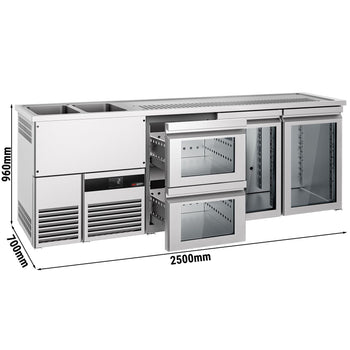 Barowy stół chłodniczy PREMIUM - 2500x700 mm - 2 szklane drzwi & 2 szklane szuflady - Prime Gastro