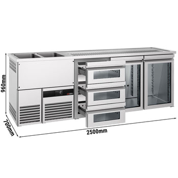Barowy stół chłodniczy PREMIUM - 2500x700 mm - 2 szklane drzwi & 3 szklane szuflady - Prime Gastro