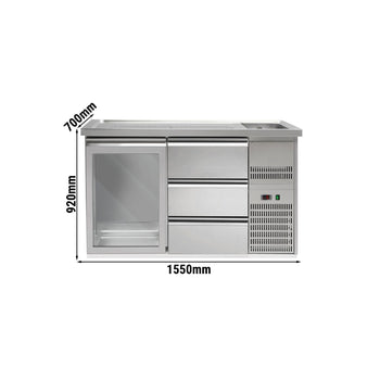 Barowy stół chłodniczy Premium PLUS - 1550x700 mm - 1 szklane drzwi & 3 szuflady