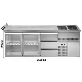 Lada barmańska PREMIUM PLUS - 2500x700mm - 2 Drzwi przeszklone & 3 Szuflady - z 2 zlewami po prawej
