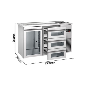 Barowy stół chłodniczy PREMIUM - 1550x700 mm - 1 szklane drzwi & 3 szklane szuflady - Prime Gastro