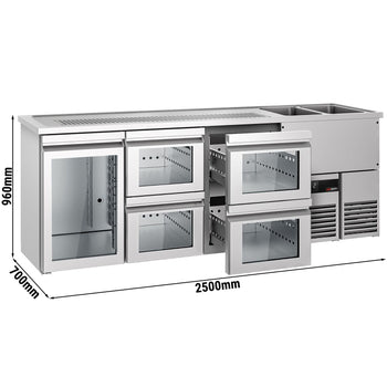 Barowy stół chłodniczy PREMIUM - 2500x700mm - 1 szklane drzwi & 4 szklane szuflady - Prime Gastro