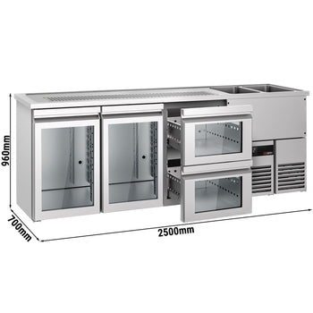 Barowy stół chłodniczy PREMIUM - 2500x700 mm - 2 szklane drzwi & 2 szklane szuflady - Prime Gastro