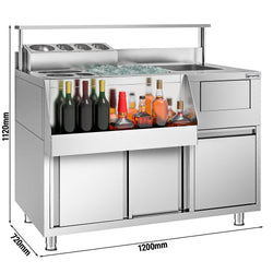Stół do przygotowywania koktajli – stal nierdzewna – 1200 x 720 mm – z 2 przesuwanymi drzwiami