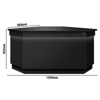 Narożna lada kasowa TORONTO - 1565 mm - czarny panel przedni - blat roboczy kuchenny z czarnego granitu - Prime Gastro