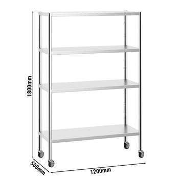 Półka ze stali nierdzewnej PREMIUM - 1200x490 mm - z 4 półkami (REGULOWANYMI) - włącznie z 4 kółkami - Prime Gastro