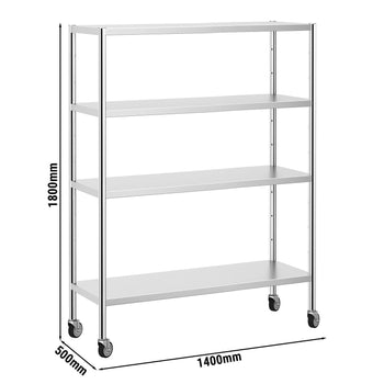Półka ze stali nierdzewnej PREMIUM - 1400x490 mm - z 4 półkami (REGULOWANY) - włącznie z 4 kółkami - Prime Gastro
