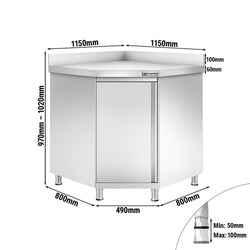 Narożna szafka robocza ze stali nierdzewnej PREMIUM z drzwiami na zawiasach i panelem tylnym 1150x800 mm