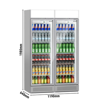 (2 szt.) Szafa chłodnicza przeszklona - 345L - 1190mm - bezramowe drzwi - 2‑drzwiowa, drzwi skrzydłowe, drzwi szklane - z podświetlanym panelem reklamowym - oświetlenie LED - 2–10°C
