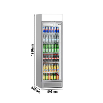 Szafa chłodnicza przeszklona PREMIUM - 358L - 595mm - bezramowe drzwi - 1‑drzwiowa, drzwi skrzydłowe, drzwi szklane - z podświetlanym panelem reklamowym - oświetlenie LED - cyfrowy wyświetlacz temperatury - 1–10°C