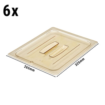 (6 szt.) CAMBRO | H-PAN™ - Żaroodporne płaskie pokrywki GN 1/2 - z uchwytem - bursztynowe - Prime Gastro