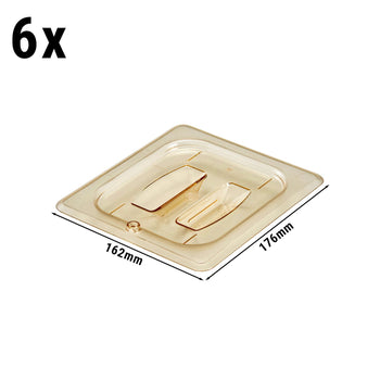 (6 szt.) CAMBRO | H-PAN™ - Żaroodporne płaskie pokrywki GN 1/6 - z uchwytem - bursztynowe - Prime Gastro