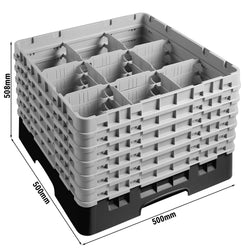 CAMBRO | CAMRACK® - kosz do mycia szklanek 1/1 - 9 przegródek - z 6 przedłużkami - 500x500mm - Czarny