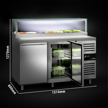 Stół Sałatkowy PREMIUM - 1510 mm - 2 drzwi - dla 7x GN 1/3 - szklana nadstawka - oświetlenie LED