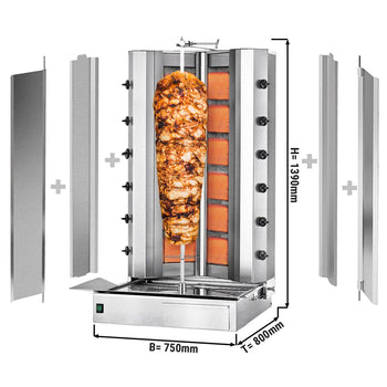 Grill gazowy do gyrosa/kebaba - kształt V - 6+6 palników - maks. 150 kg - włącznie z 2 blachami ochronnymi & 2 drzwiami na zawiasach - Prime Gastro