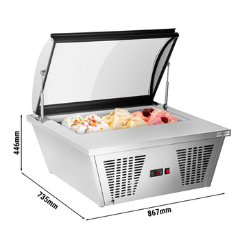 Stołowa witryna na lody - 870 mm - statyczna - na 4x 5-litrowe pojemniki na lody - kopułowa pokrywa - pokrywa otwierana na stronę obsługi - Prime Gastro