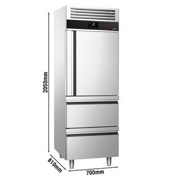 Szafa chłodnicza ze stali nierdzewnej PREMIUM - GN 2/1 - 700L - 700x810mm - 1 drzwi, 2 szuflady - chłodzenie wentylowane; LED