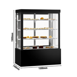 Witryna ekspozycyjna na ciasta - 1500 mm - z oświetleniem LED, 3 półkami & lustrzanym panelem przednim - czarna